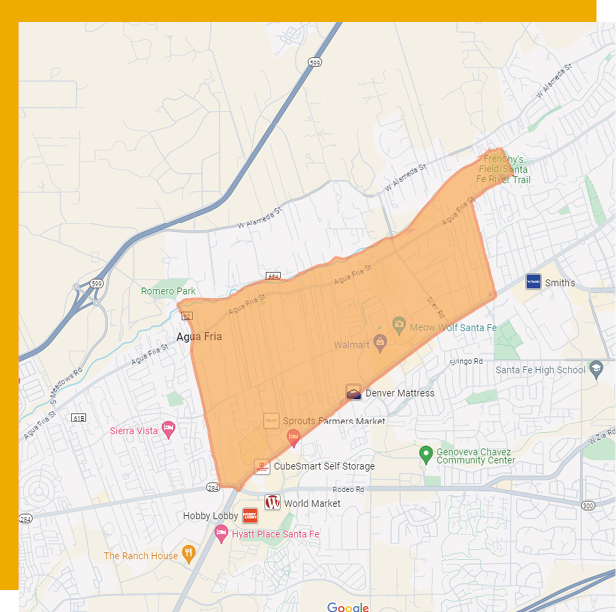 CommunityDevelopmentSFMap | Resource Tool for Startup and Small Businesses in New Mexico Map with an orange polygon outlining a Santa Fe neighborhood showing major streets and landmarks like Walmart and Sprouts