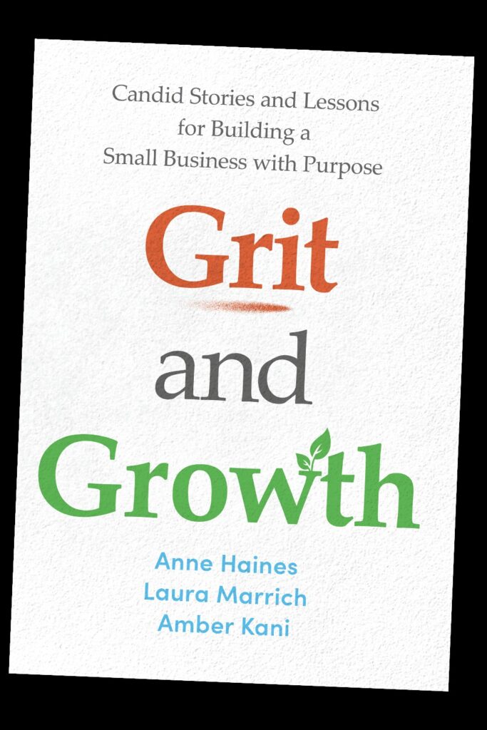 Book cover Grit and Growth with subtitle Candid Stories and Lessons for Building a Small Business with Purpose authors Anne Haines Laura Marrich Amber Kani on a textured light background